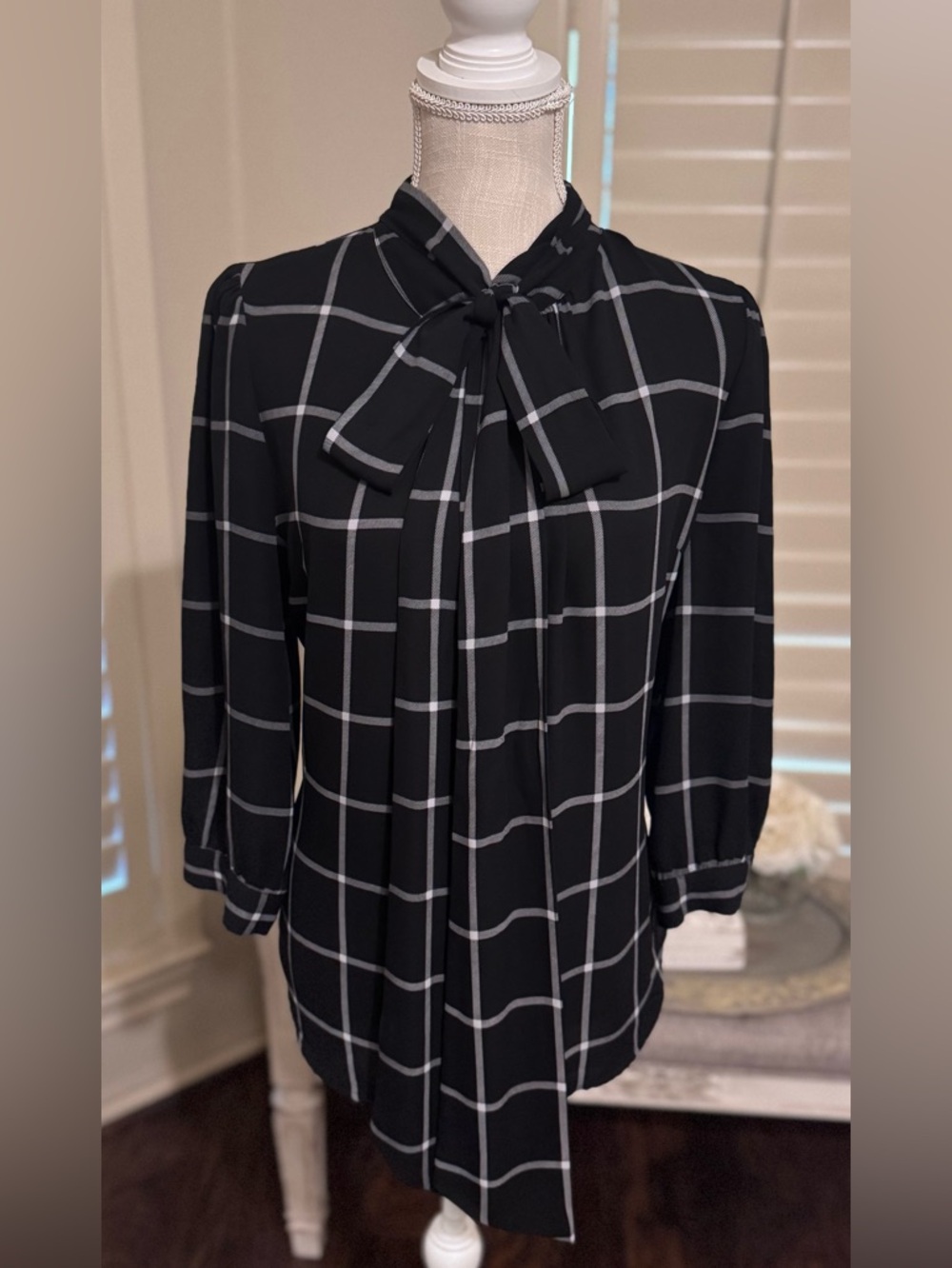 New York and Company Black Windowpane Tie-Neck Blouse